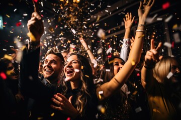 A couple celebrating the arrival of the New Year in a nightclub - obrazy, fototapety, plakaty