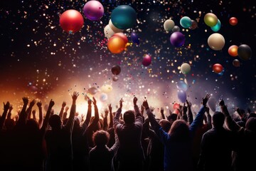 Fototapeta na wymiar A large group of people celebrating New Year's Eve at a nightclub with balloons and confetti