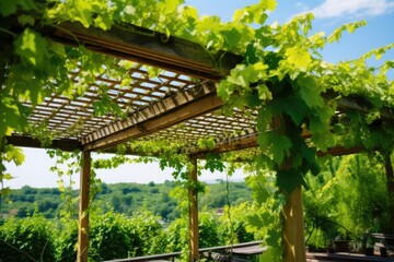 a vertical view of a wooden pergola covered with vines - obrazy, fototapety, plakaty
