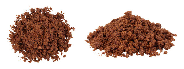 Dark muscovado sugar or Barbados sugar isolated on white background. Top view. Flat lay