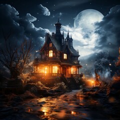 Obraz premium Ghost house at night with lightning