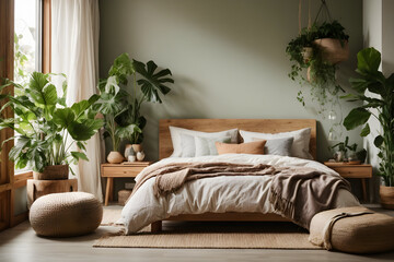 Fototapeta premium Cozy sustainable bedroom, surrounded by natural colors and wooden furniture, design with green concept.