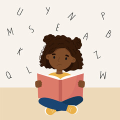 Cute African American girl with dyslexia having trouble reading a book. - obrazy, fototapety, plakaty