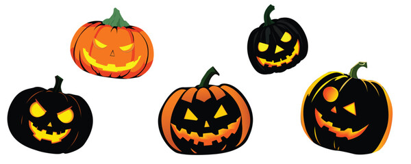 Set pumpkin on white background, main symbol of Halloween holiday, Happy pumpkin, orange color, with smile, for your design. for the holidays halloween vector illustration