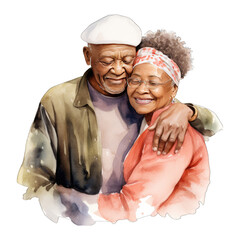 Elderly retried black African American couple, wearing casual clothing. Isolated transparent background - obrazy, fototapety, plakaty