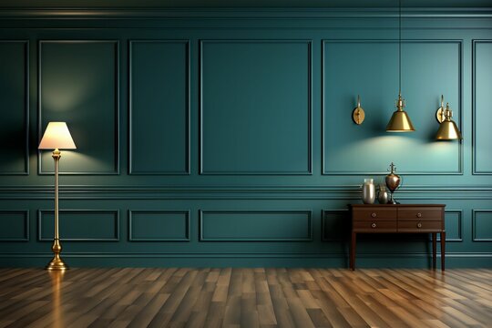 Espace vide pour d&eacute;cor ou shooting photo, lumi&egrave;re, pi&egrave;ce &eacute;pur&eacute;e et belle d&eacute;coration, architecture moderne bleu, vert