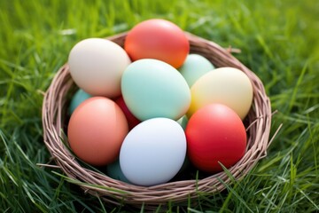Fototapeta na wymiar colored eggs nestled in basket of fresh grass for easter