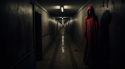 Scary photo of a long corridor with a mysterious red figure, horror image from a nightmare - obrazy, fototapety, plakaty