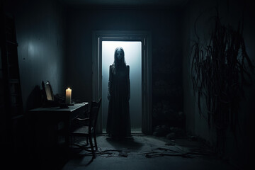Scary photo of a room with a mysterious figure, horror image from a nightmare - obrazy, fototapety, plakaty