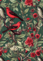 Vintage Illustration of a Scarlet Tanager Amidst Floral Blooms,pattern with birds,background with birds,birds on a branch