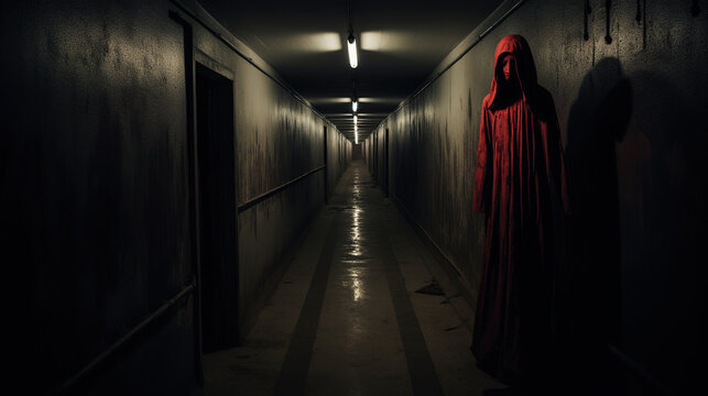 Scary photo of a long corridor with a mysterious red figure, horror image from a nightmare