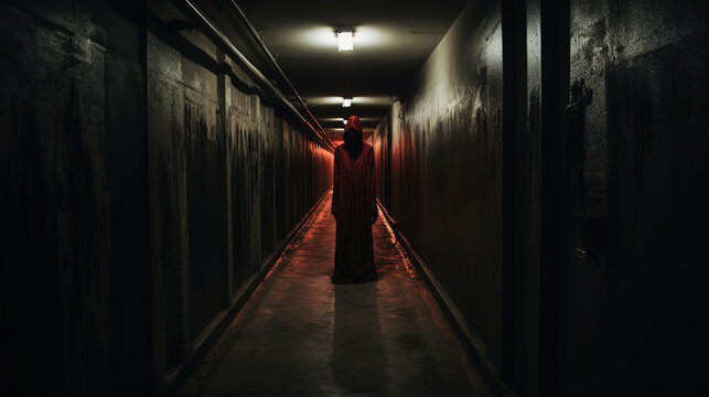 Scary photo of a long corridor with a mysterious figure, horror image from a nightmare