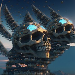 city of a thousand glass dragon skulls holding a pyramid yp in the skies dynamic angle cinematic lights 8k UHD intricate details photorealistic 3D 