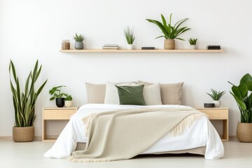 minimalist bedroom with houseplants on floating shelves