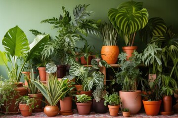 Fototapeta na wymiar arrangement of statement houseplants in terracotta pots