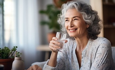 Wellness, home or healthy old woman drinking water for healthcare or natural vitamins in a house. Retirement, elderly relaxing or thirsty senior person refreshing with liquid for energy or hydration - obrazy, fototapety, plakaty