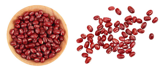 Red adzuki beans in wooden bowl isolated on white background. Top view. Flat lay.