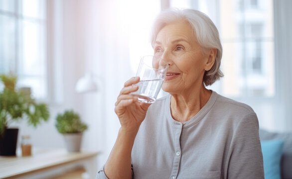 Wellness, home or healthy old woman drinking water for healthcare or natural vitamins in a house. Retirement, elderly relaxing or thirsty senior person refreshing with liquid for energy or hydration