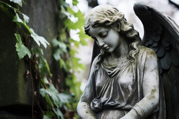 a stone statue of an angel in a graveyard