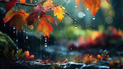 Beauty of autumn rain, with raindrops on colorful leaves. - obrazy, fototapety, plakaty