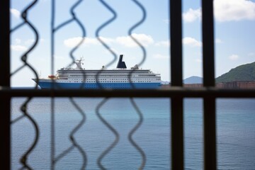 cruise ship viewed through prison bars
