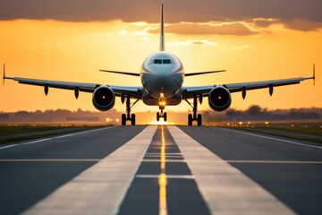 an airplane landing on a runway - obrazy, fototapety, plakaty