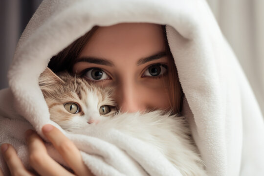 portrait girl with kitten under blanket at home, cat wrapped in pink towel after bath , kitten washed, cute kitten, friends, loving owner