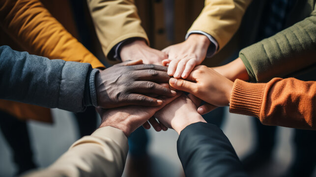 Bridging Differences: Close-up of Diverse Hands Reaching for Unity and Harmony