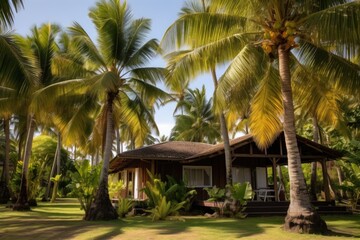 a bungalow surrounded by palm trees
