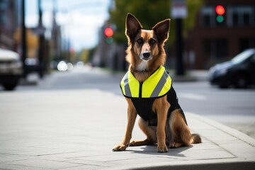 a dog wearing a safety vest