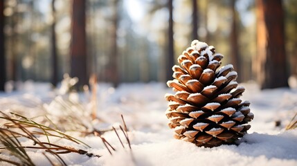 Close up of a Pine Cone in the Snow. Beautiful Winter Background - obrazy, fototapety, plakaty