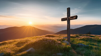 cross on the top of mountain, spring field and hills 