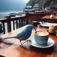 un oiseau bleu boit du café 