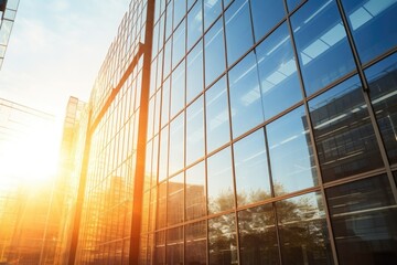 a multinational corporate headquarters, mid-day sun gleaming off the glass facade