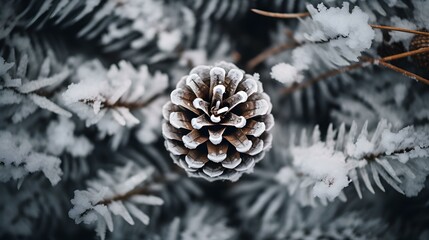 Top View of a Pine Cone in the Snow. Beautiful Winter Background