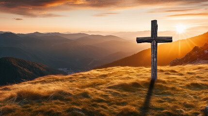 cross in the mountains, autumn, sunset - obrazy, fototapety, plakaty