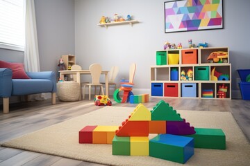 gender-neutral room with colorful toy blocks scattered