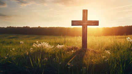 cross in the mountains, spring, sunrise