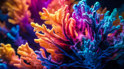 Naklejka na ściany i meble colorful high detailed macro image of sea corals, vivid multicolor textured wallpaper background of sea life corals reef