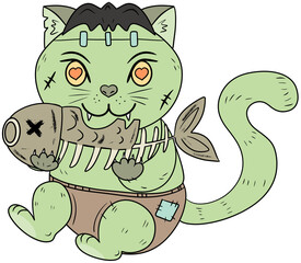 Zombie cat eating fish