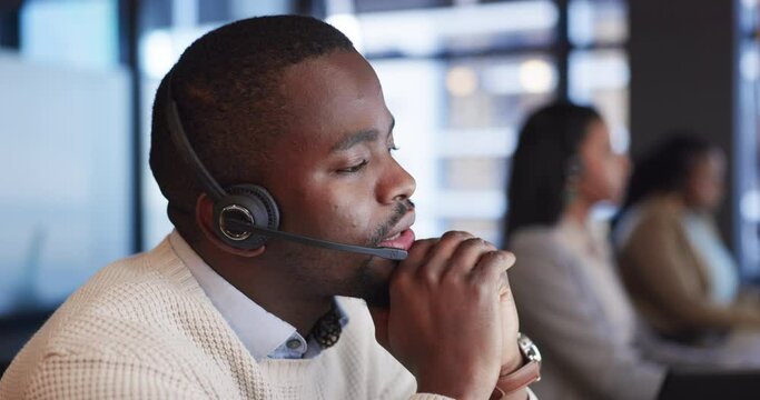 Telemarketing, crm and black man with customer service, telecom sales and communication in workplace. African person, consultant or agent with headset, technical support or help desk with call center