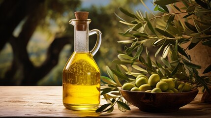 Olive oil and olives on a wooden table