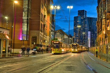 Trams passing each other at Lower Mosley ST in Manchester