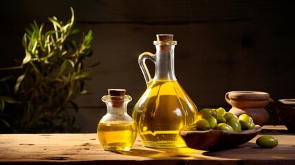 Olive oil and olives on a wooden table