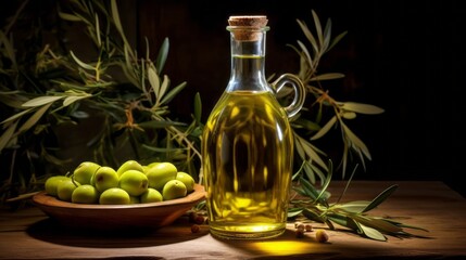 Olive oil and olives on a wooden table