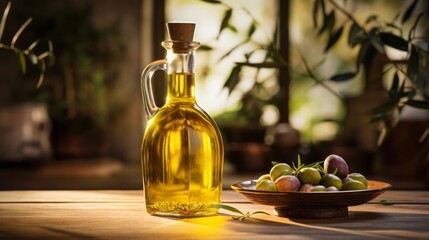 Olive oil and olives on a wooden table