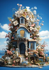 Fototapeta premium Victorian House in a Floral Wonderland,Decorative model of pocket house with flowers