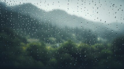 Close up of Rain Drops on a Window. Blurred Forest Background
