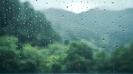 Close up of Rain Drops on a Window. Blurred Forest Background