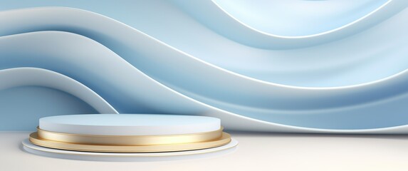 Product display background podium scene with 3D texture of wavy lines in light pastel blue and white tones, golden elements. Luxury fashion, Beauty, skincare, technology products concept.